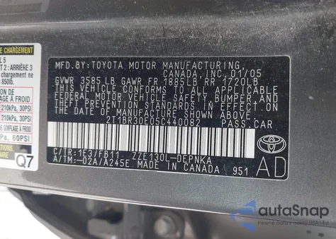 2005 Toyota Corolla Le z USA, uszkodzony, nr VIN 2T1BR30E05C440082